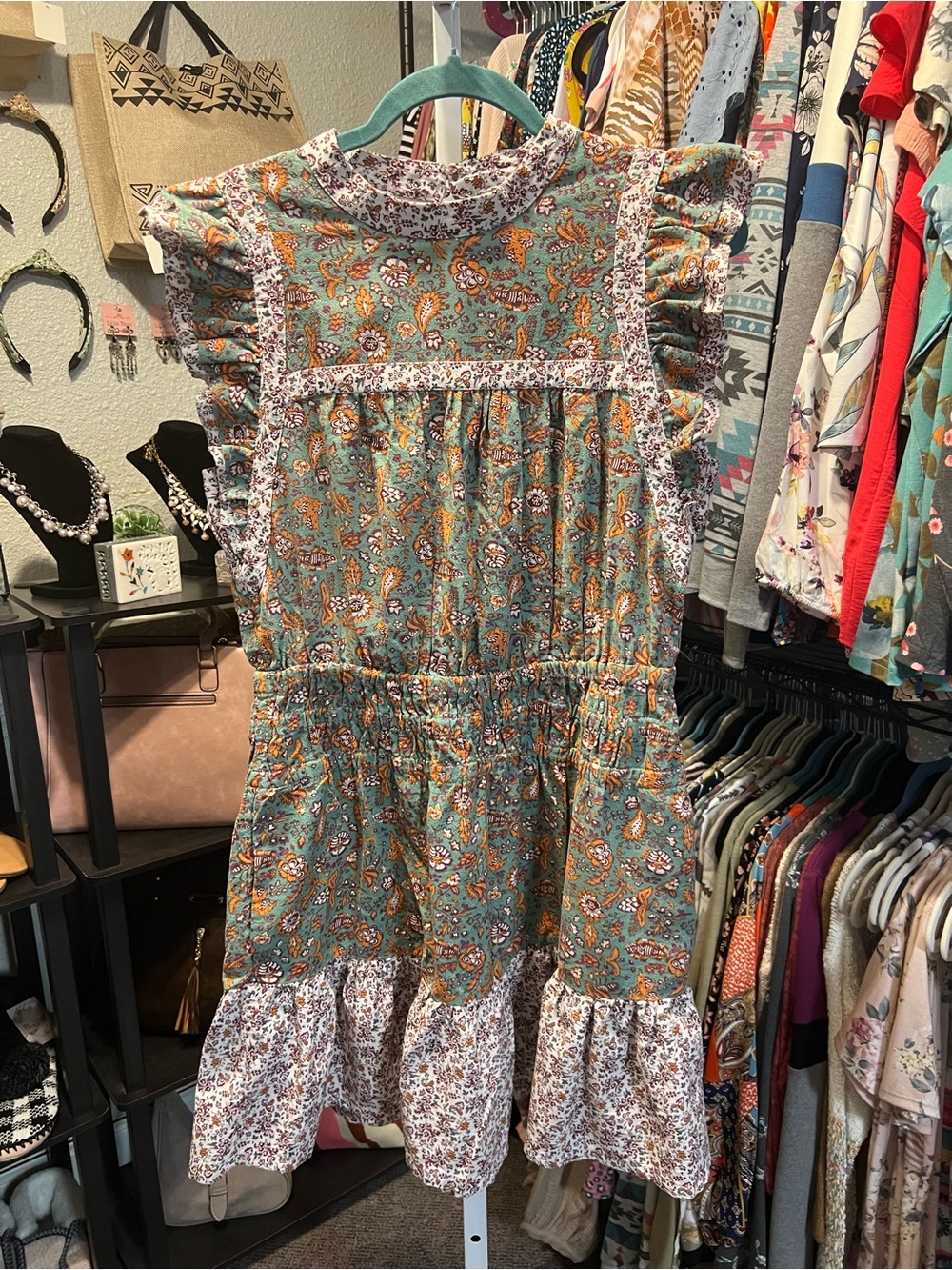 Universal Thread Teal Paisley Ruffle Dress with Floral Hem